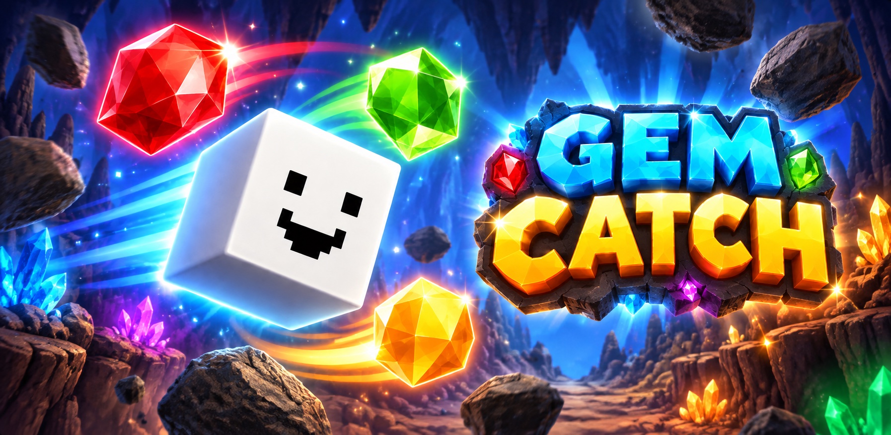 Catchy, a smiling white cube, surrounded by colorful gems and falling rocks in a glowing crystal cave beside the Gem Catch logo