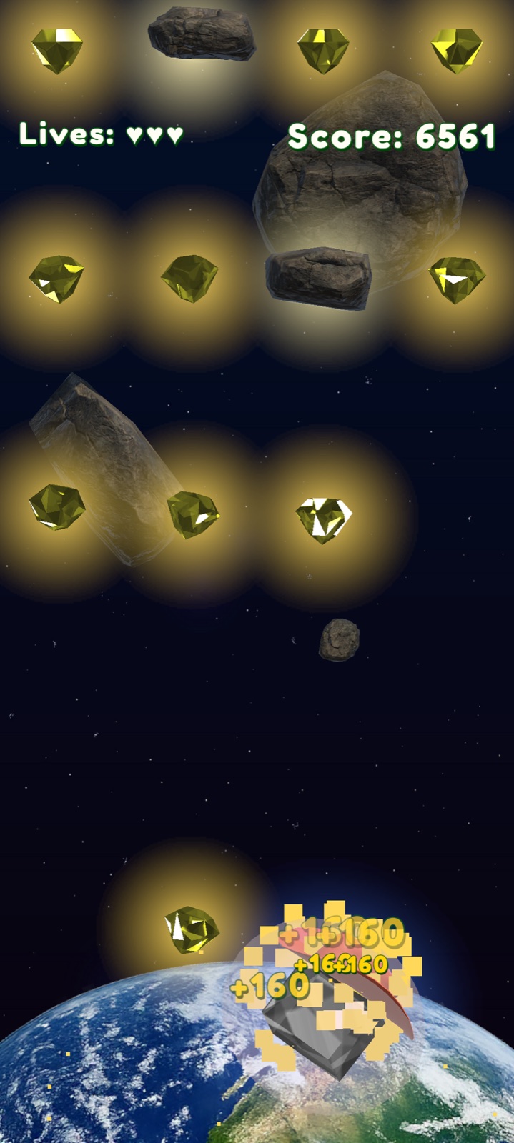 Gem Catch Rush gameplay in Deep Space with falling rocks, glowing gems, three lives, and a score of 6561